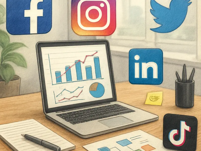 différents logos de plateformes sociales dessinées autour d'un ordinateur