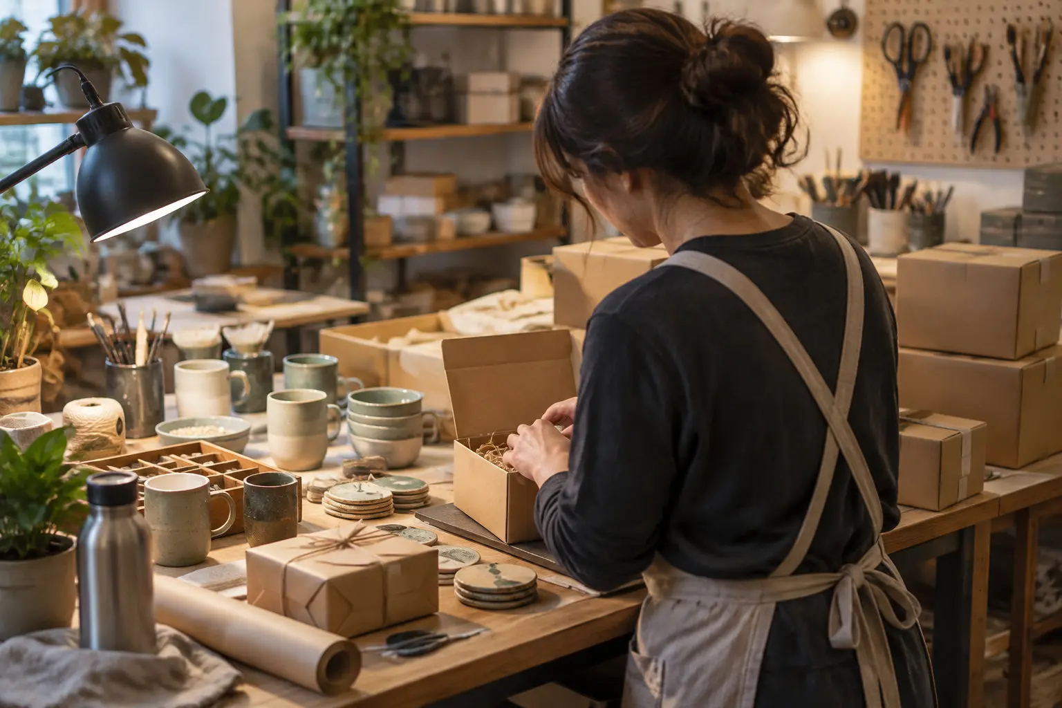 Une artisane emballe des objets en céramique dans un atelier rempli de poteries, de cartons et d’outils.