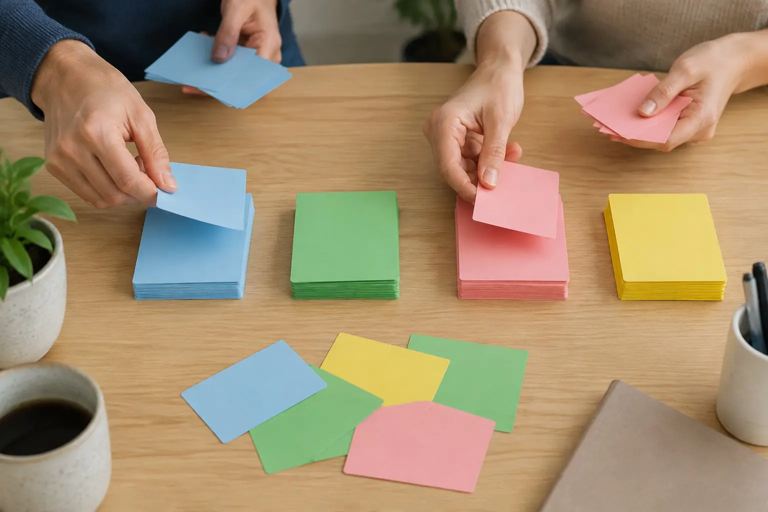 Deux personnes trient des cartes colorées en piles sur une table en bois.